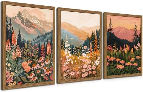 Boho Colorful Landscape Wall Art Set of 3, Vintage Wildflower Mountain Canvas Wall Decor Paintings, Rustic Nature Floral Pictures Prints for Living Room Bedroom 12x16 Inch Wood Framed by fancynewWallArt