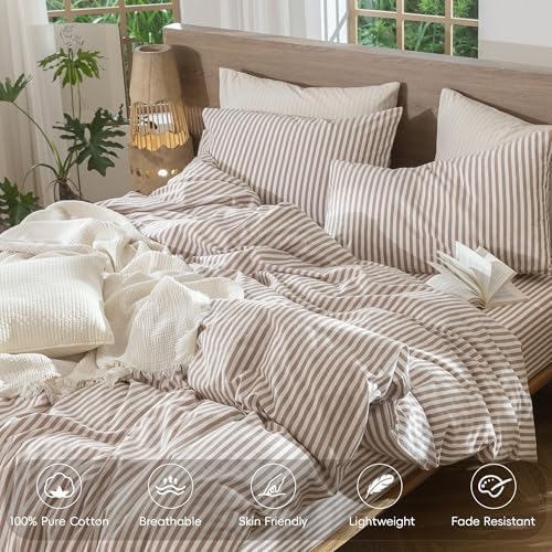 MooMee Striped Duvet Cover Set 100% Washed Cotton Linen Like Queen - Image 4