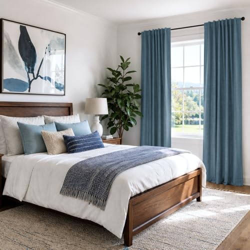 Faux Linen Total Blackout Curtains for Bedroom 80 Inches Long, Stone Blue - Image 6