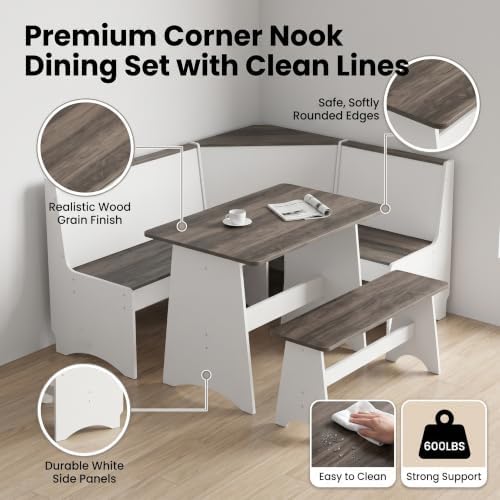Farmhouse Breakfast Nook Table Set with L-Shaped Corner Bench & Hidden Storage – Space-Saving Dining Set for Small Kitchens, Reversible Bench Seating 3-4, Easy-Clean Waterproof Laminate (White + Gray) - Image 7