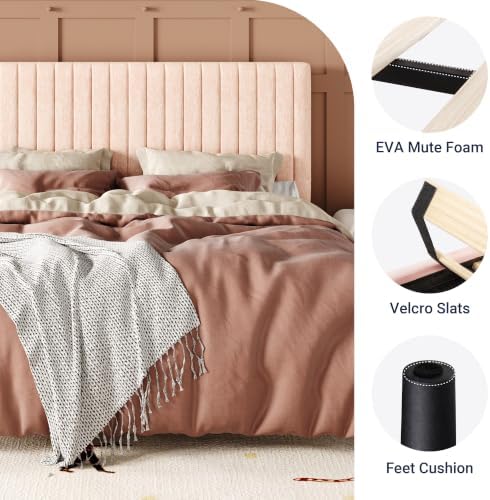 Allewie Full Bed Frame, Upholstered Platform Bed with Adjustable Vertical Channel Tufted Headboard, Mattress Foundation with Strong Wooden Slats, Box Spring Optional, Easy Assembly, Chenille Pink - Image 5