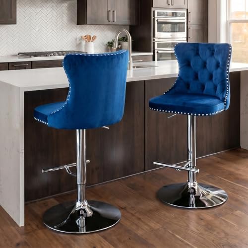 SoarFlash Velvet Bar Stool Set of 2, Adjustable Swivel Bar Stools with Silver Plated Metal Leg, Button Tufted, Footrest, Chrome Nailhead, Counter Height Chair for Kitchen, Bar, Dining Room (Blue) - Image 3
