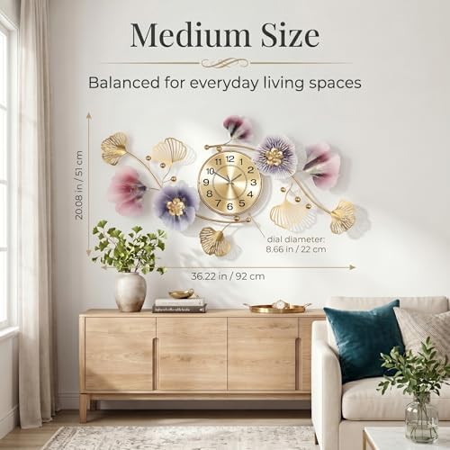 36" 3D Ginkgo Leaf Metal Wall Clock for Home Wall Decor - Image 5