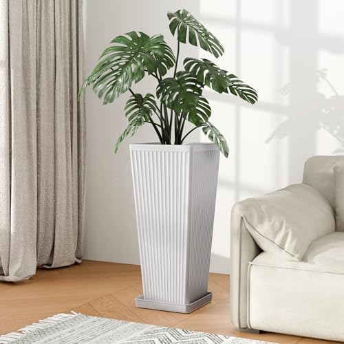 Square Tall Planters for Outdoor Plants with Tray - 24" White 2Pack - Image 7