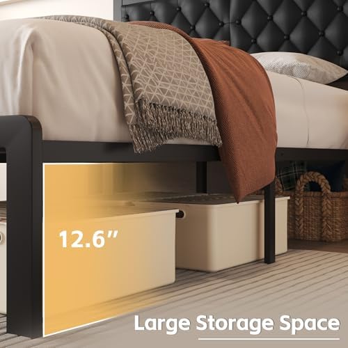 Fluest Full Bed Frame with Headboard PU Leather Upholstered Bed Frame Platform,All Metal Slats Support Platform Bed Frame with Storage Space,Easy Assembly,Noise Free,No Box Spring Needed,Black - Image 5