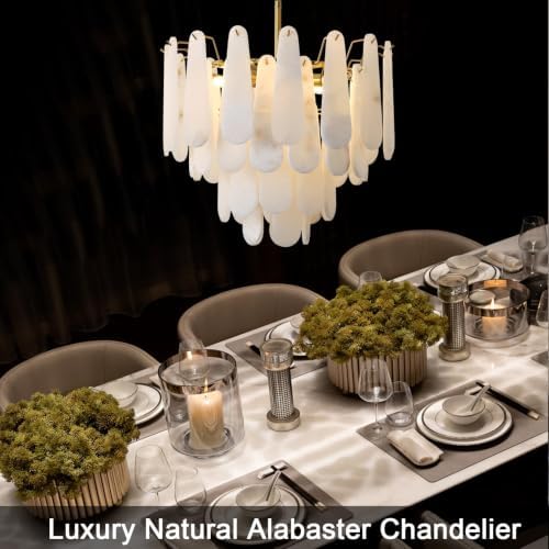 Alabaster Chandelier, D23.6in Modern Alabaster Round Dining Room Chandelier, 4-Tiers Luxury Natural Stone Ceiling Light Fixture, White Marble Chandeliers for Living Room Bedroom Foyer Entryway Kitchen - Image 6