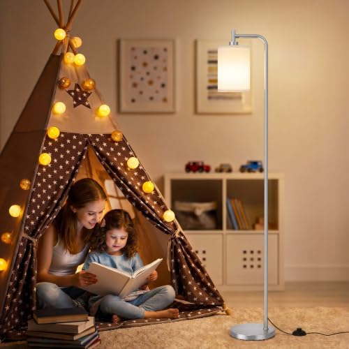 Ziisee 64" Floor Lamp for Living Room with Remote Control, White Shade with Brushed Nickel Pole, Dimmable Tall Lamps for Bedroom Office Corner, 9W LED Bulb Included - Image 5