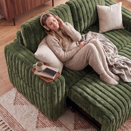 HONBAY Plush Corduroy Loveseat Sleeper Sofa,Modular Pull Out Sofa Bed,Couches for Living Room,Plush Green - Image 5
