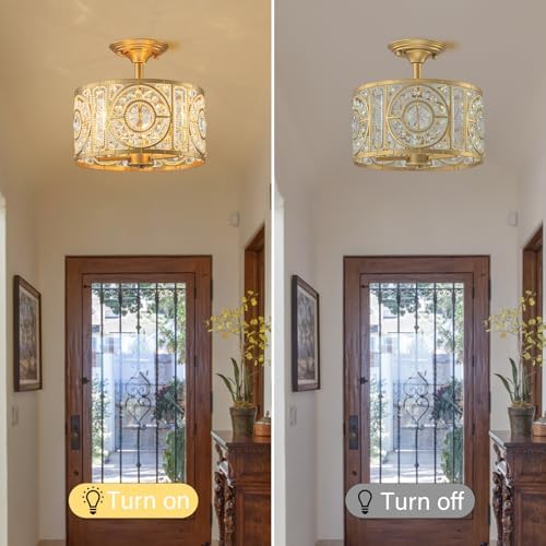 Semi Flush Mount Chandelier for Dining Room, 3-Lights Vintage Crystal Round Chandelier, Gold Retro Semi-Flush Mount Ceiling Lights Fixture for Living Room Bedroom Kitchen Hallway Foyer - Image 5
