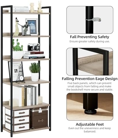 NUMENN Bookshelf, 6 Tier Freestanding Shelving Unit, Grey - Image 5