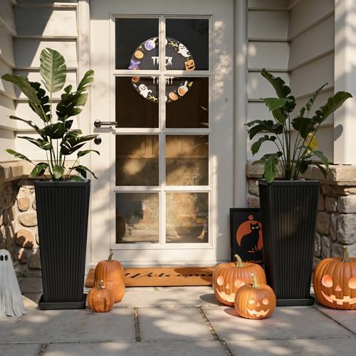 Square Tall Planters for Outdoor Plants with Tray - 24" Black 2Pack - Image 5
