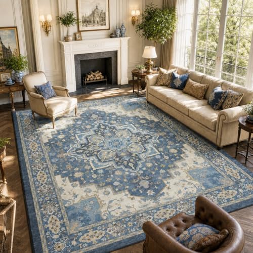 Amada Vintage Washable Area Rug,8'x10',Navy Blue/Beige by AMADAHOMEFURNISHING
