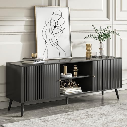 Oubayajia Mid Century Modern TV Stand for Televisions up to 70 Inches, with Sliding Doors and Storage, Television Stands, TV Consoles, Media Consoles for Living Room, 63 Inch (Black) by OUBAYAJIA