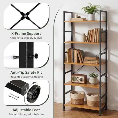 5 Tier Bookshelf, Free Standing Bookcase with Open Storage Shelves - Image 4