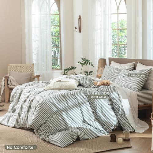 MooMee Striped Duvet Cover Set 100% Washed Cotton Linen Like King - Image 2