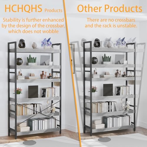 HCHQHS Bookshelf, Adjustable Industrial Bookcase, Vertical Tall Book Shelf, Wood and Black Metal Open Bookshelves for Home Office, Living Room, Bedroom (Grey, 6-Tier (31" W x 70" H)) - Image 5