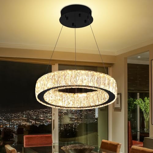 Modern LED Ring Pendant Light Dimmable Crystal Chandelier 15.7in Black Crystal Chandelier for Dining Room Living Room by IDEQUY