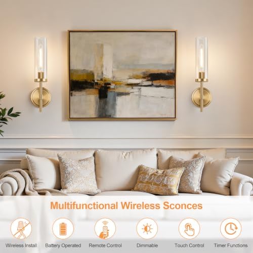 Battery Operated Wall Sconce Set of 2, Brushed Gold Wireless Rechargeable Wall Lighting Fixtures with Remote Control, Dimmable Wall Light for Bathroom, Vanity, Living Room, Bedroom, Hallway, Stairway - Image 3