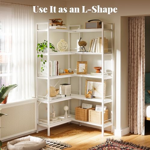 Huuger 5 Tier Bookshelf, L Shaped Corner Bookshelf with 10 Open Shelves, 49.4 Inch Straight Wide Bookcase with Metal Frame and Wooden Board, Adjustable Feet, White - Image 6
