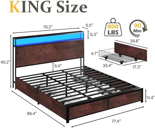Lifezone King Bed Frame with 2-Tier Storage Headboard, Metal Platform Bed Frame with 4 Storage Drawers, Built in Charging Station & LED, Noise-Free/Metal Support/No Box Spring Needed, Coffee Brown - Image 2