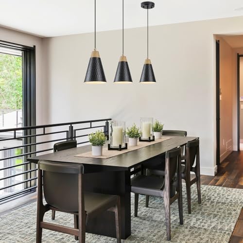 Dijiahua Black Kitchen Pendant Lighting Over Island 3 Pack,Small Modern Farmhouse Chandeliers with Hammered Metal Cone Shade,Mini Industrial Adjustable Cord Hanging Ceiling Lamp Fixtures Over Sink - Image 2