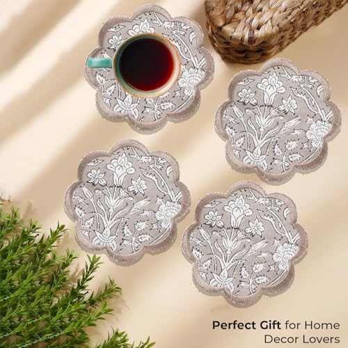 Ridhi 8-Pcs 100% Cotton Hand Block Print Drink Coasters 5" in Taupe - Image 5