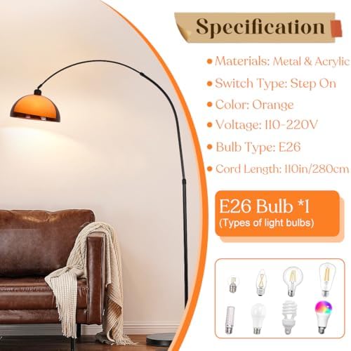 Arc Floor Lamp for Living Rooms Orange Mushroom Two-Layered 70" Modern Floor Lamp with Marble Base Arch Standing Lamp for Living Rooms, Home Offices, Dining Rooms, Bedrooms,Acrylic Lampshade - Image 4