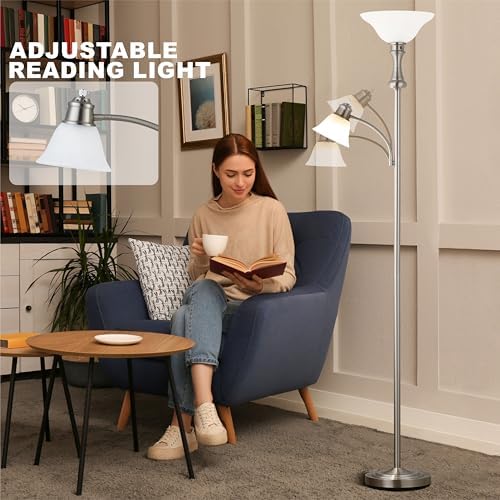 Torchiere Silver Floor Lamp with Adjustable Angle Reading Lamp-71IN - Image 3