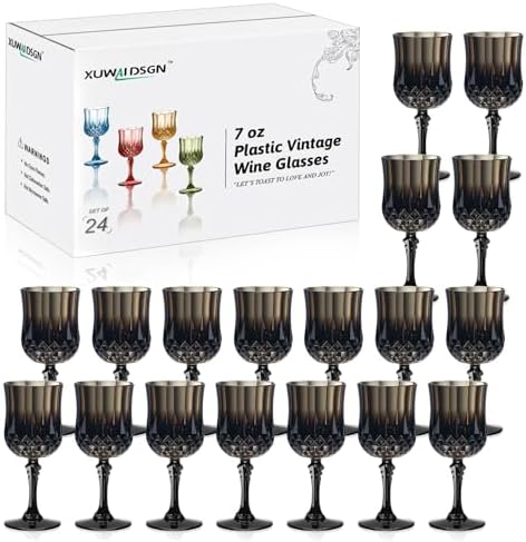 XUWAIDSGN 24Pcs 7oz Plastic Vintage Wine Glasses Drinking Glasses Unbreakable Wedding Glassware Crystal Water Goblets Reusable Drinkware Vintage Champagne Flutes (24, Black) by XUWAIDSGN