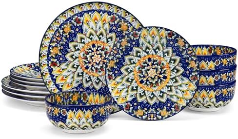 vancasso 12 Pieces Dinnerware Sets, Blue Plates and Bowls Set, Porcelain Dishes Set for 4, Microwave and Dishwasher Safe, Scratch Resistant, Bohemian Style Dining Ware Service for 4, Series SIMI by vancasso