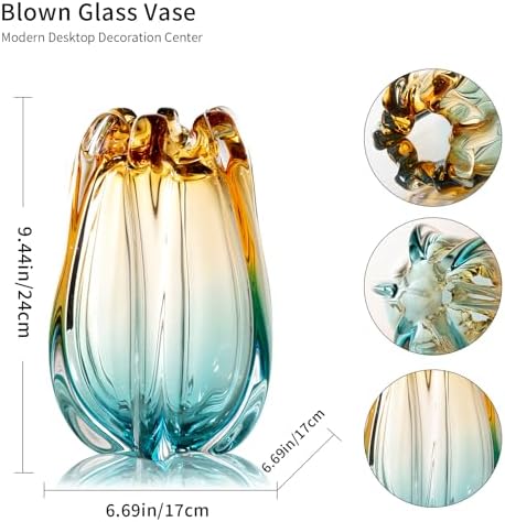 Hand Blown Glass Flower vases, Unique Glass vases, Wide Mouth vases, Small Modern Art Deco Glass vases for Home Living Room, Office, Table centerpieces, Bookshelves and Wedding Decorations - Image 3