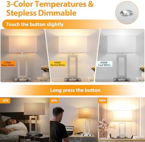 3 Color Temperatures Touch Control Table Lamps Set of 2, Stepless Dimmable Bedside Lamps with 2 USB Ports&AC Outlet, Modern Nightstand Lamps for Bedroom Living Room, Bulbs Included, Silver&White - Image 2