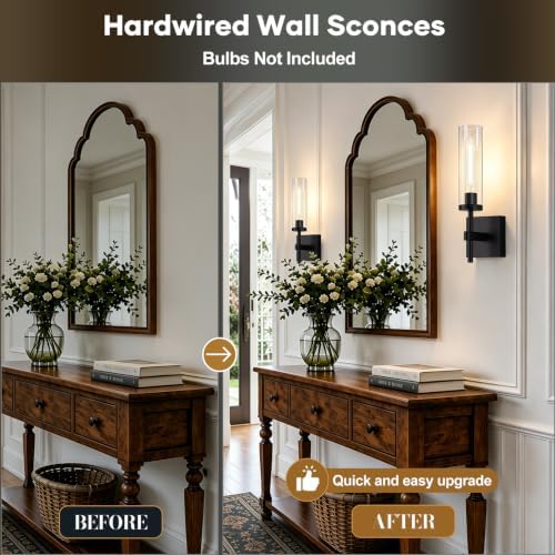 Hardwired Wall Sconces, Black Bathroom Sconces Wall Lighting with Clear Glass, Modern Sconces Wall Decor Set of 2 Bathroom Light fixtures for Mirror Hallway - Image 4