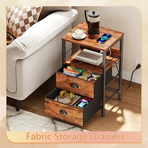 Furologee Nightstand Set of 2, Rustic Brown, with Charging Station and USB Ports, Side Tables with 2 Fabric Drawers, Bedside Tables with Storage Shelf & Hooks, for Living Room/Bedroom - Image 6