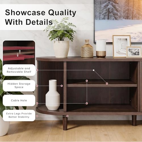 65" Mid Century Modern TV Stand, Wood TV Consoles with Sliding Doors and Power Outlet, Fluted Entertainment Center with Adjustable Shelves, Media Console for Living Room, Walnut - Image 6