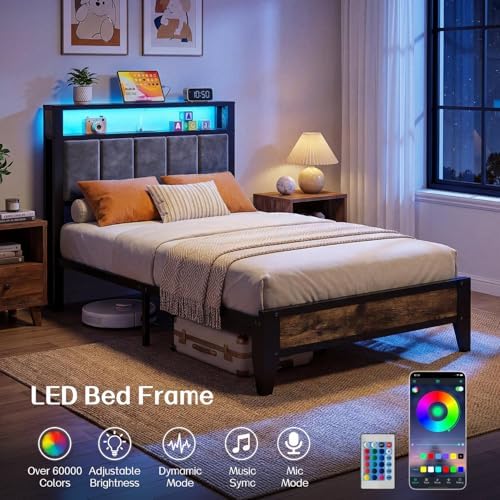 OLEVS Twin Bed Frame with LED Light Storage Headboard and Charging Station Type C, Metal Platform Bed Twin Size,No Box Spring Needed, Noise Free, Easy Assembly - Image 5