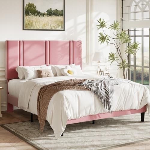 Allewie Full Size Platform Bed Frame with Velvet Upholstered Headboard - Image 3