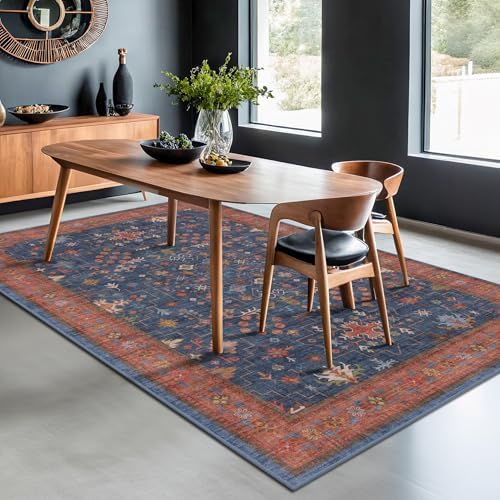 Hazo Haus Dining Room Rugs for Under Table - 7x9 Washable Area Rug for Living Room, Low Pile Non-Slip Rugs for Bedroom - Navy Blue Vintage Boho Unique Home Decor by HazoHaus