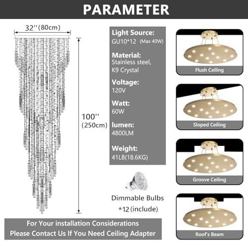 98'' Modern Crystal Chandelier High Ceiling Chandeliers for Entryway Large Raindrop Chandeliers LED Dimmable Flush Mount Light Fixtures for Staircaes Foyer Hallway Living Room LED Bulbs Included Gold - Image 2