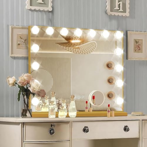 Ratsamee Gold Hollywood Vanity Mirror with Lights, 15 Dimmable Bulbs, 3 Color Lights,Make Up Lighted Mirror, Aluminum Metal Frame, USB Charging Port（23" x 18"） by RATSAMEE