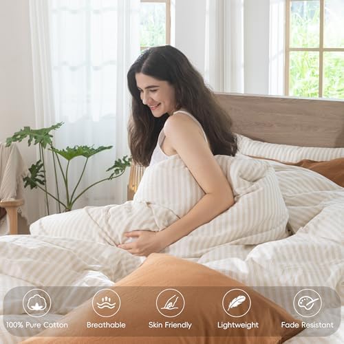 MooMee Striped Duvet Cover Set 100% Washed Cotton Linen Like Oversized King - Image 2