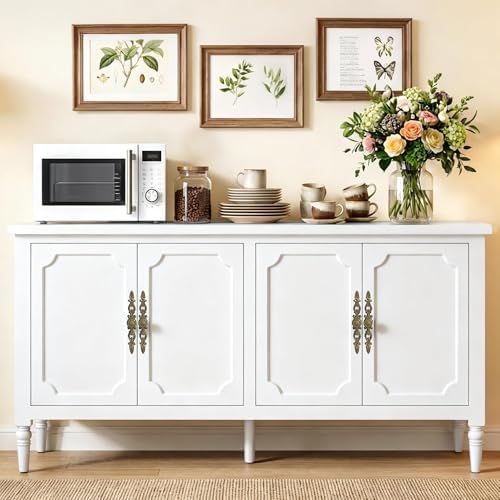 RoyalCraft Buffet Cabinet with Storage, 59" Vintage Sideboard with Adjustable Shelves, Mid Century Modern Painted Credenza Coffee Bar for Kitchen, Dining Room, Entryway, Living Room, Satin White - Image 5