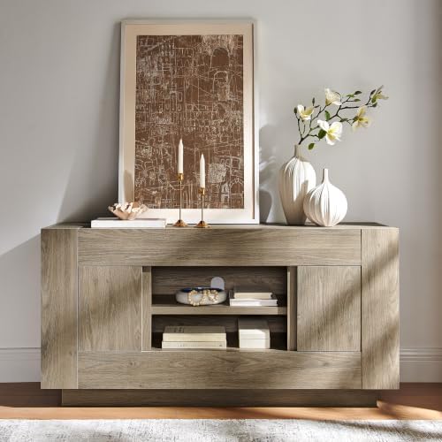 OKD 55" TV Stand for 65" TV, Thick Block Media Console, Alder Grey by OKD