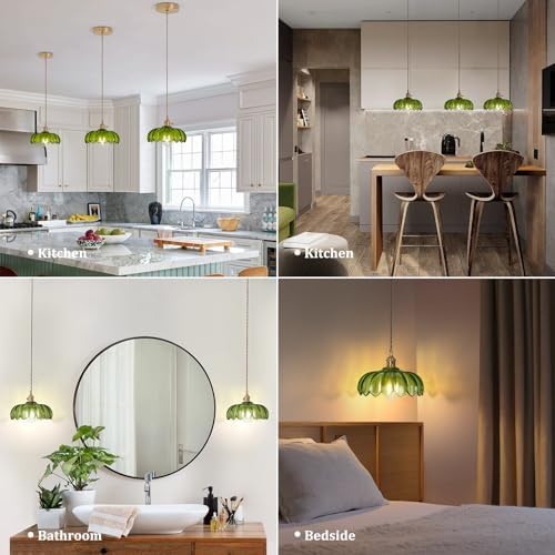 Shenmoyl Pendant Light with Green Scindapsus Glass Lmapshade, Brass Vintage Pendant Light Adjustable Hanging Light for Kitchen Island Dining Room Hallway - Image 3