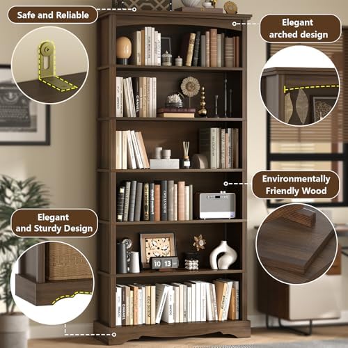 TVU 6-Tier Wooden Bookshelf, 76 Inch Tall Bookshelf with Storage, Floor Standing Modern Style Display Bookcase for Living Room, Office, Study Room, Entryway, Brown - Image 6