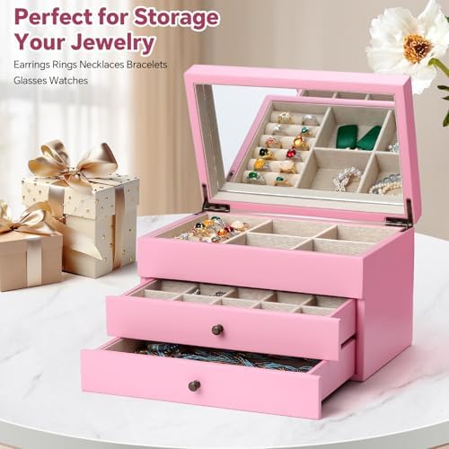 Meangood Jewelry Box Organizer for Women, 3 Layer Large Jewelry Storage Case, Rustic Wooden Jewelry Box with Mirror & Ring Tray for Necklace Earring Bracelets Rings, Vintage Style (Pink) - Image 2