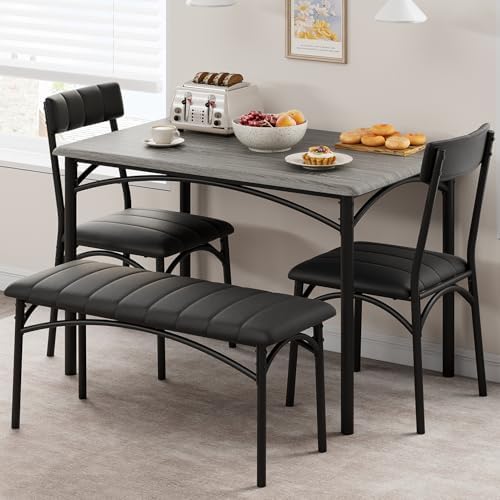IDEALHOUSE Dining Table Set for 4, Kitchen Table with Chairs for 4, Rectangular Wood Dining Room Table Set with Upholstered Bench for Small Space, Dinner, Apartment, Retro Gray by IDEALHOUSE