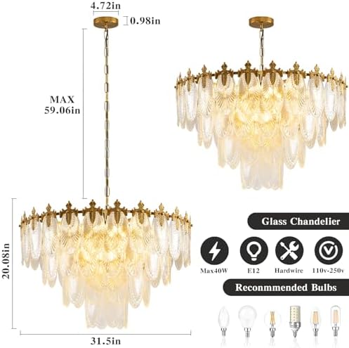 KELUOLY Modern Large Crystal Chandelier, 4-Layer Gold Glass Chandelier, 12 Light Round Antique Ceiling Pendant Light, 31.5 Inchs Adjustable Height for Foyer, Living Room, Bedroom, Dining Room - Image 3