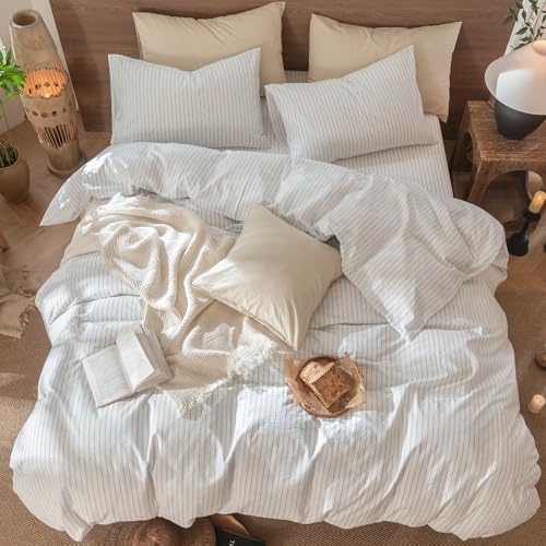 MooMee Striped Duvet Cover Set 100% Washed Cotton Linen Like Cal King - Image 5