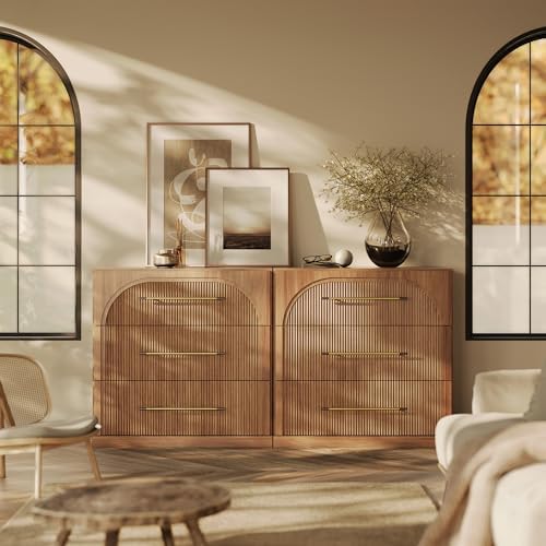 BELLEZE Set of 2 Fluted Modular Sideboard Cabinet, Classic Modern Buffet Cabinet with 3 Drawers, 65'' Accent Credenza Cabinet for Living Room Kitchen Entryway (Camel) by BELLEZE